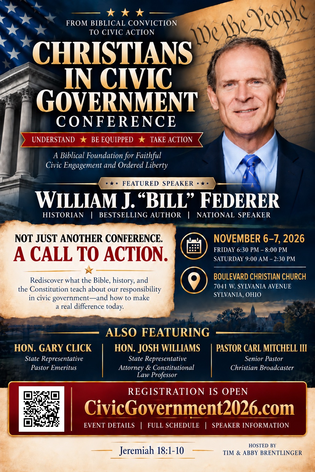 Christians in Civic Government Conference featuring William J. Bill Federer, Gary Click, Josh Williams, and Pastor Carl Mitchell III, November 6–7, 2026, Sylvania, Ohio